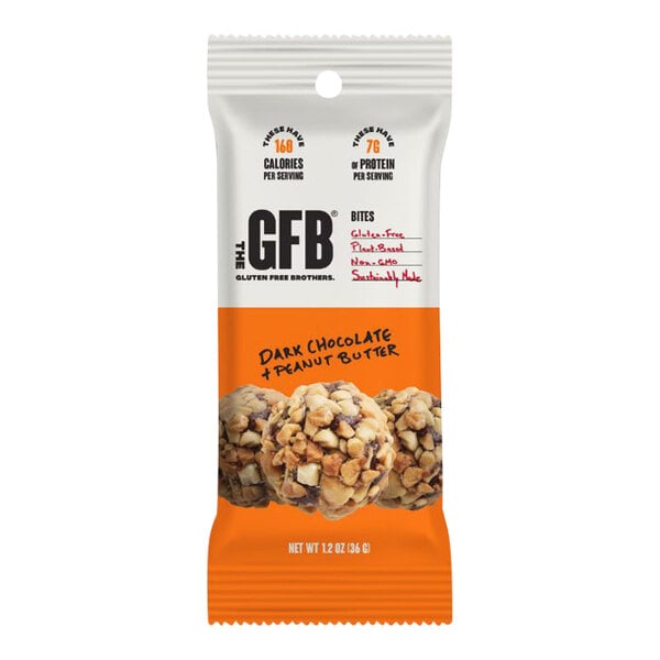 A package of The GFB Dark Chocolate Peanut Butter Bites on a white background.
