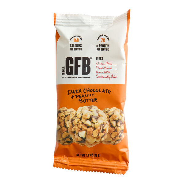 A package of The GFB Dark Chocolate Peanut Butter Bites in a 1.2 oz size.