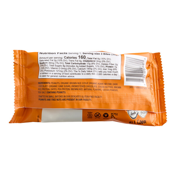 A 1.2 oz. package of The GFB Dark Chocolate Peanut Butter Bites.