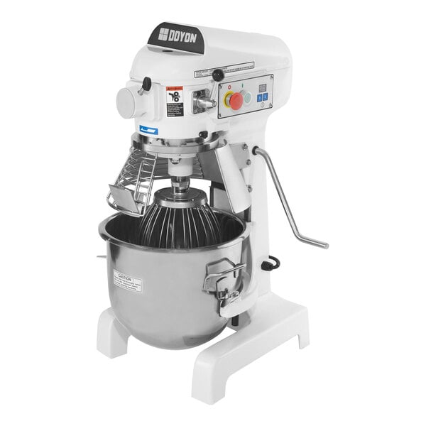 A white Doyon commercial stand mixer with a silver bowl on top.
