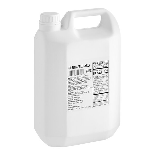 A white plastic container of Fanale Green Apple Concentrated Syrup with a black label.