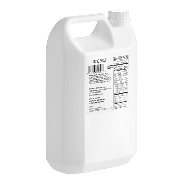 A white plastic container of Fanale Rose Concentrated Syrup with a handle.