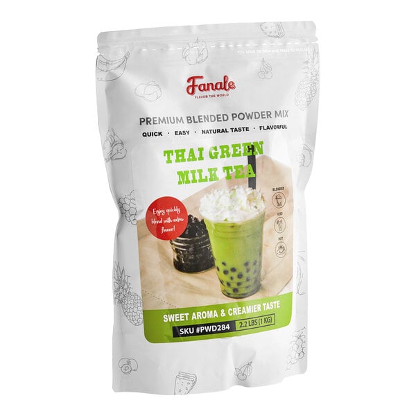 A bag of Fanale Thai Green Tea Milk Powder Mix with a red and green label.