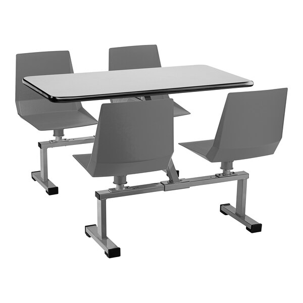 A National Public Seating Persian Blue swivel booth table with charcoal seats.