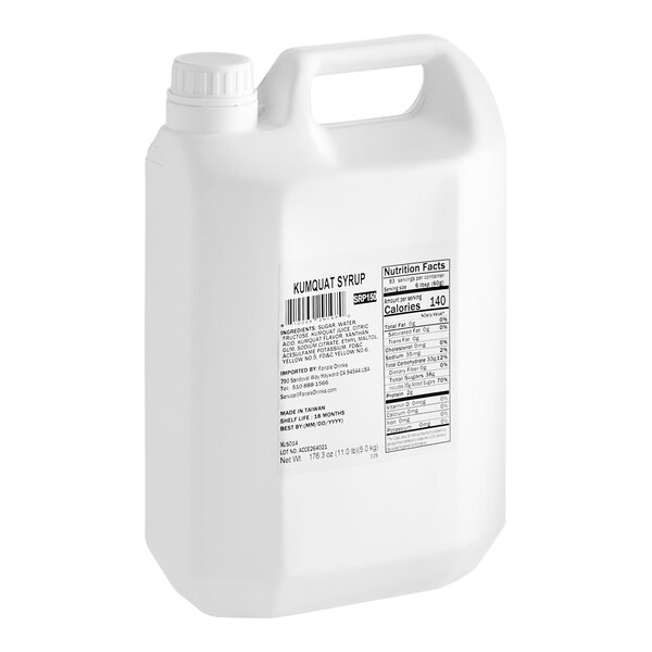A white plastic container of Fanale Kumquat Concentrated Syrup with a label and handle.