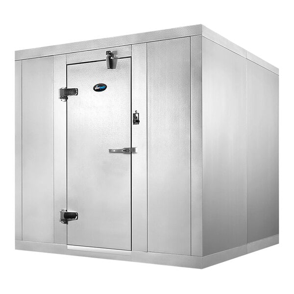 An Amerikooler walk-in cooler with a door open.