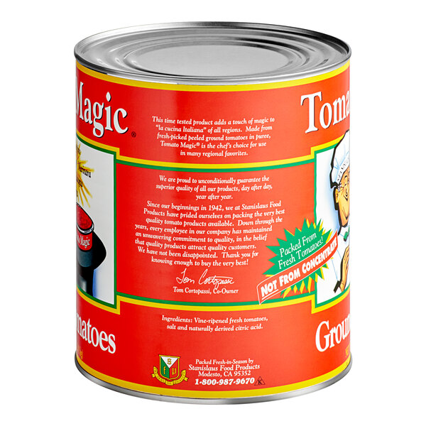 A Stanislaus Tomato Magic #10 can of ground peeled tomatoes with white text on it.