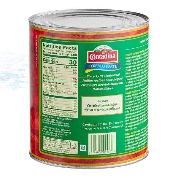 A Contadina #10 can of tomato paste with ingredients on it.