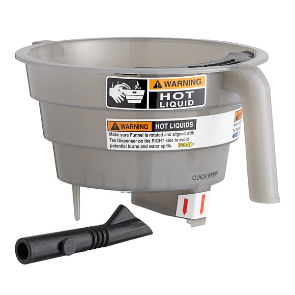 A Bunn plastic funnel with a black plastic handle.