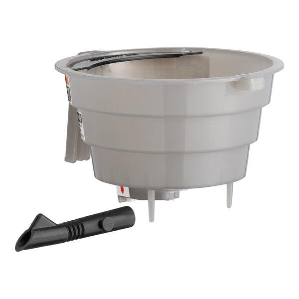 A white plastic funnel with a black handle.