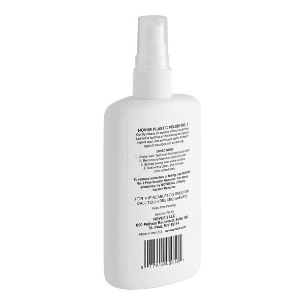 A white bottle of Novus Plastic Clean & Shine with black text on the label.