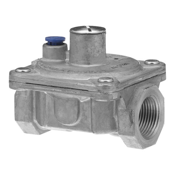A grey metal pressure regulator with a blue valve on it.