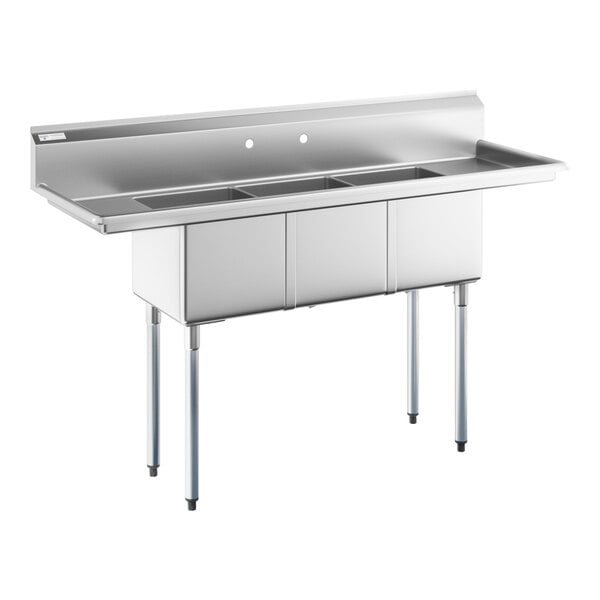 A Steelton stainless steel sink with three compartments and 2 drainboards.