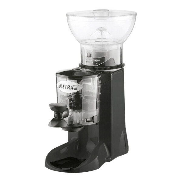 A black Astra semi-automatic espresso grinder with a clear container.