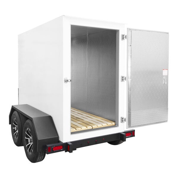 A white enclosed trailer with 2 open swing doors.