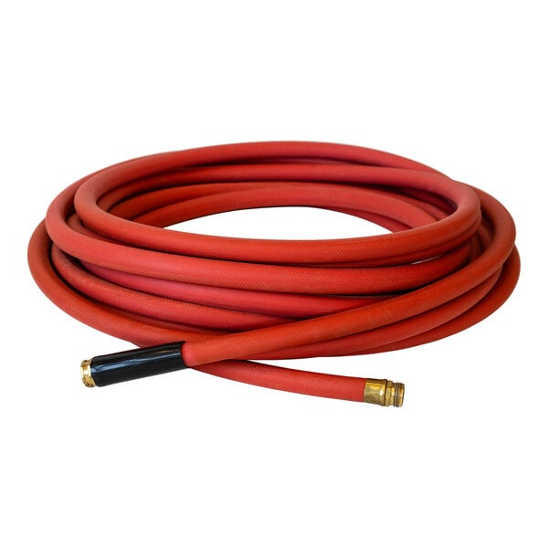 A coiled red commercial hot water hose with brass fittings.