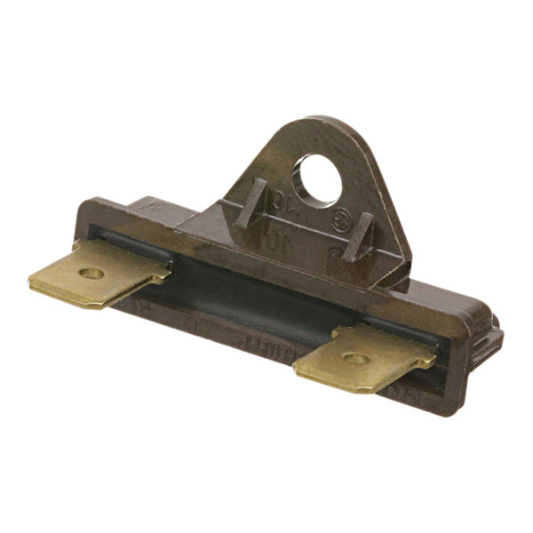A brown metal All Points thermal fuse with two brass screws and gold metal parts.