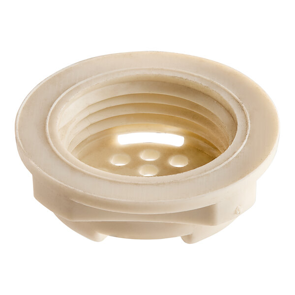 A white plastic air break tank nut for a dishwasher.