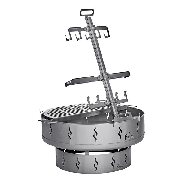 A round metal grill for a Nuke BBQ Patagonia wood fire pit with a metal holder.