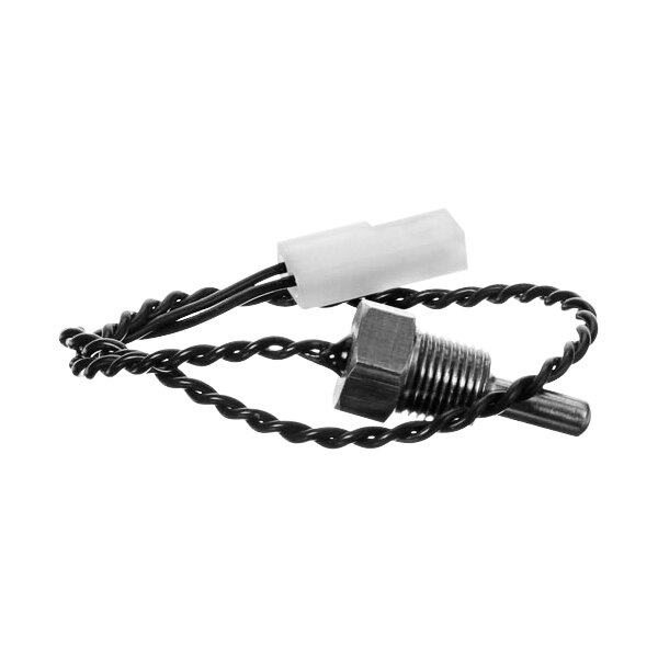 The black and white wires of an All Points Rinse Probe with a small metal connector.