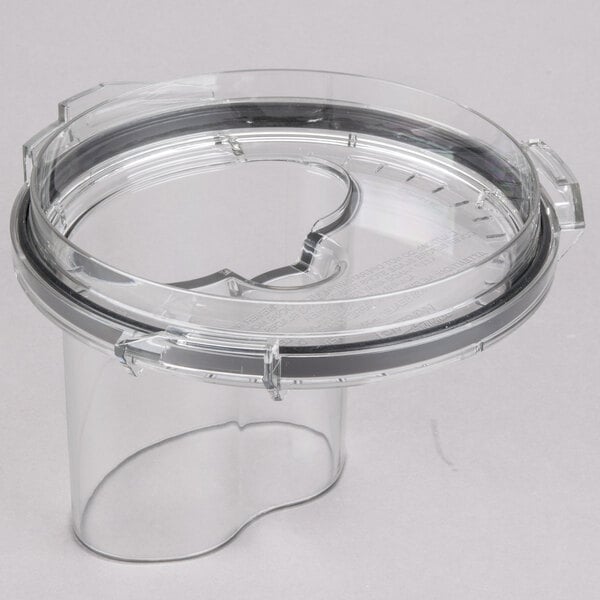 A clear plastic bowl cover with a black ring.