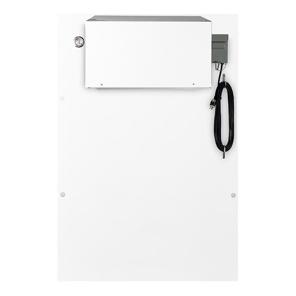 A white box with a black cord attached to it.