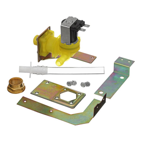 A yellow water inlet valve with a brass nut and metal plate.