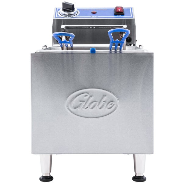 A stainless steel Globe electric countertop fryer with blue handles.