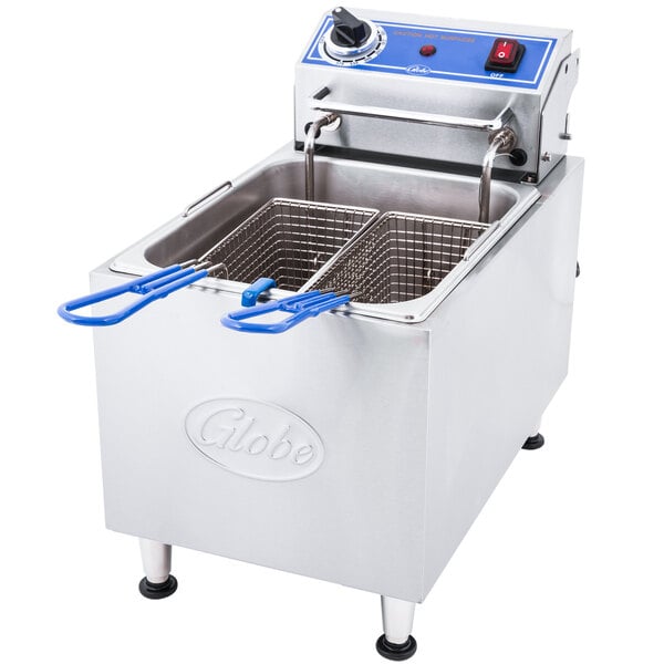 A Globe electric countertop fryer with blue handles.