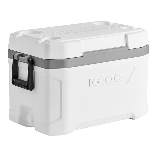 A white Igloo cooler with grey trim and handle.