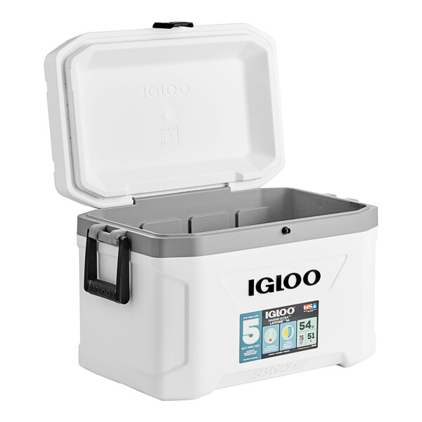 An Igloo white cooler with a lid open.