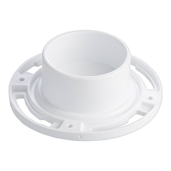 A white plastic Oatey water closet flange with rings and a test cap.