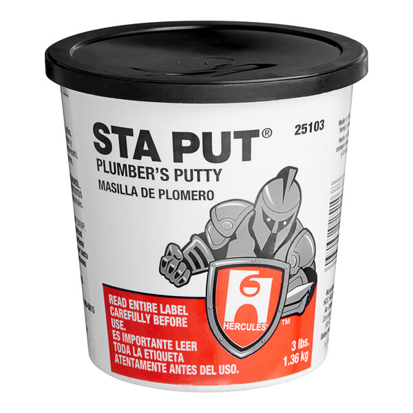 A white container of Hercules Sta Put Plumber's Putty with a black lid.