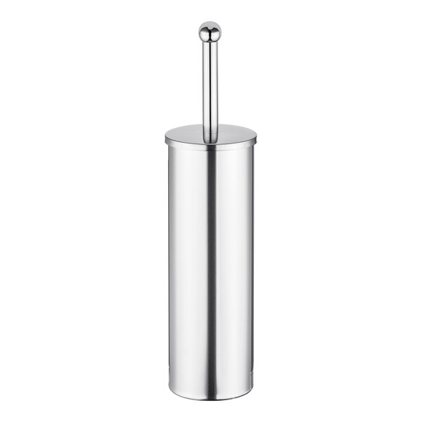 A silver stainless steel toilet brush holder with a Lavex stainless steel toilet bowl brush inside.