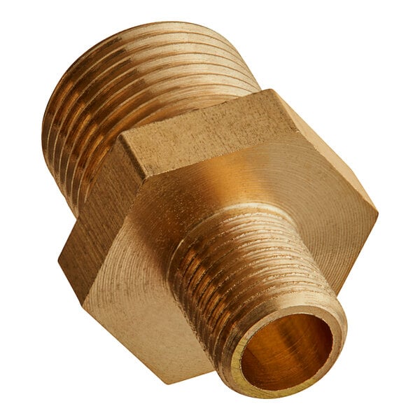 A brass Cooking Performance Group orifice connector with a nut on a gold metal pipe fitting.