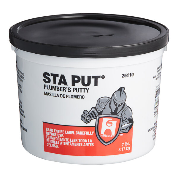 A white tub of Hercules Sta Put 25110 plumber's putty with a black lid.