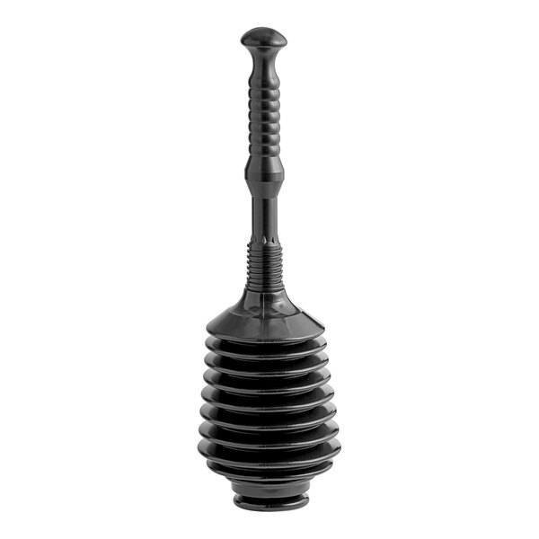 A black plastic Lavex toilet plunger with a long handle and a rubber base.