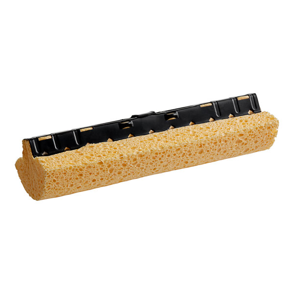 A yellow sponge mop head with a black attachment.