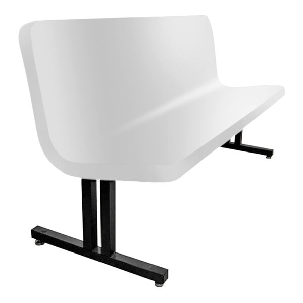 A Sol-O-Matic white fiberglass bench with a backrest and black legs.