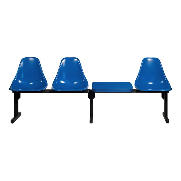 A Sol-O-Matic blue plastic modular seating unit with table. Three blue plastic chairs with black legs and a blue table.