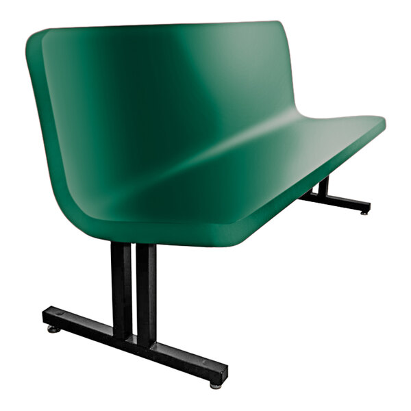 A Sol-O-Matic hunter green fiberglass bench with a backrest and black legs.