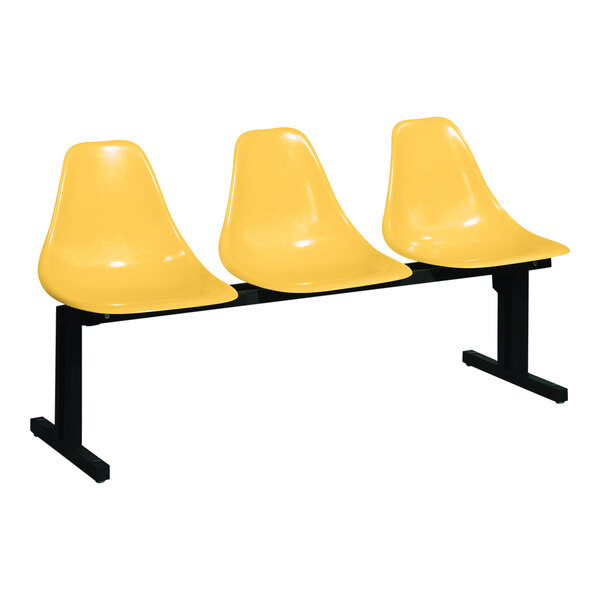 A row of three Sol-O-Matic yellow plastic chairs with black legs.