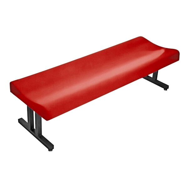 A Sol-O-Matic red fiberglass bench with black legs.