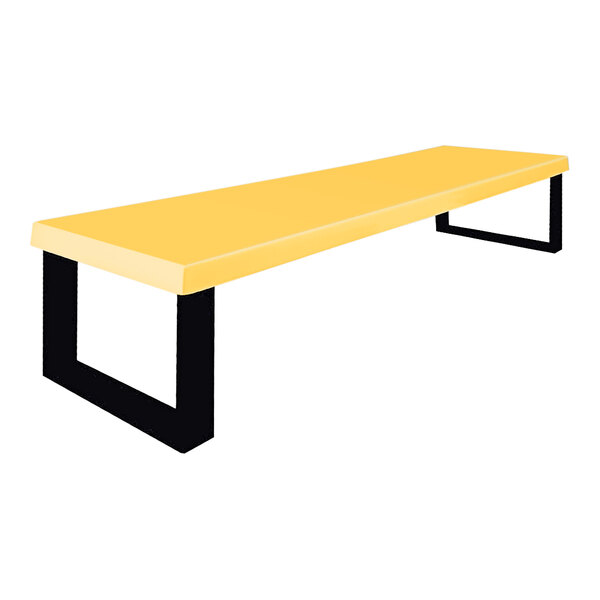 A yellow Sol-O-Matic fiberglass park bench with black legs.