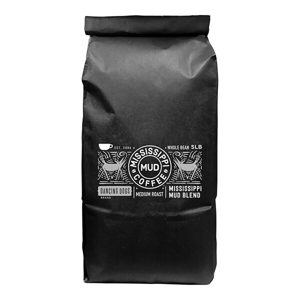 A black bag of Mississippi Mud Coffee whole bean coffee with white text.