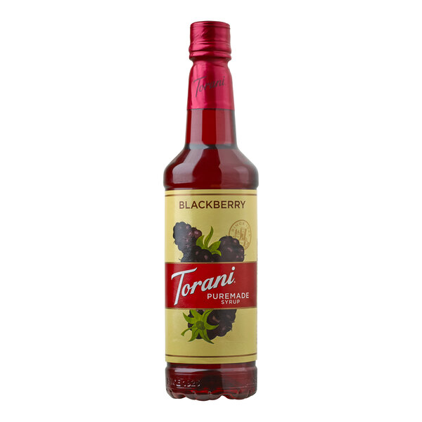 A Torani Puremade Blackberry Flavoring Syrup 750 mL plastic bottle with a label.