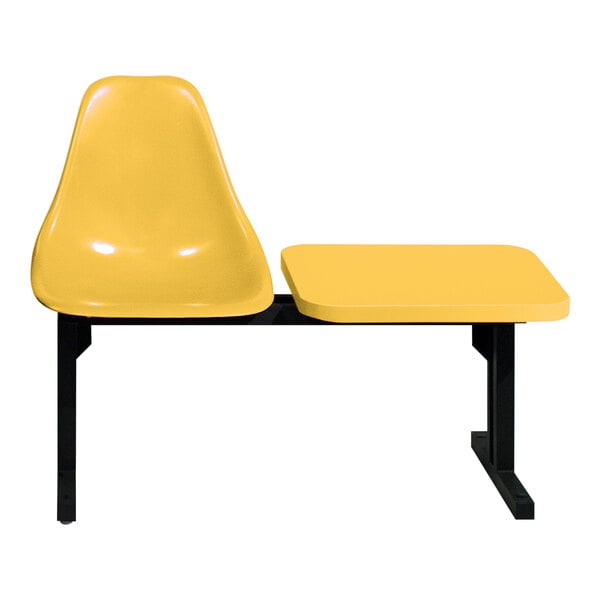 A yellow Sol-O-Matic seating unit with a black frame and table.