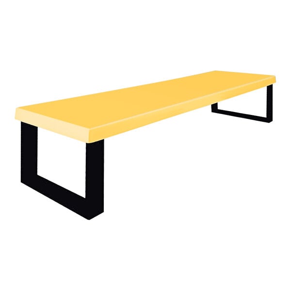 A Sol-O-Matic marigold fiberglass park bench with black legs.