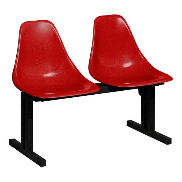 A Sol-O-Matic red plastic chair with black legs on a white background.