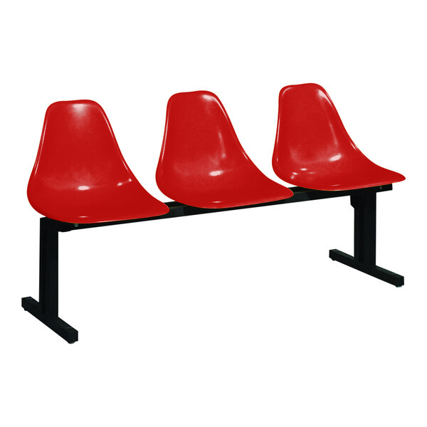 A row of Sol-O-Matic red plastic chairs with black legs.